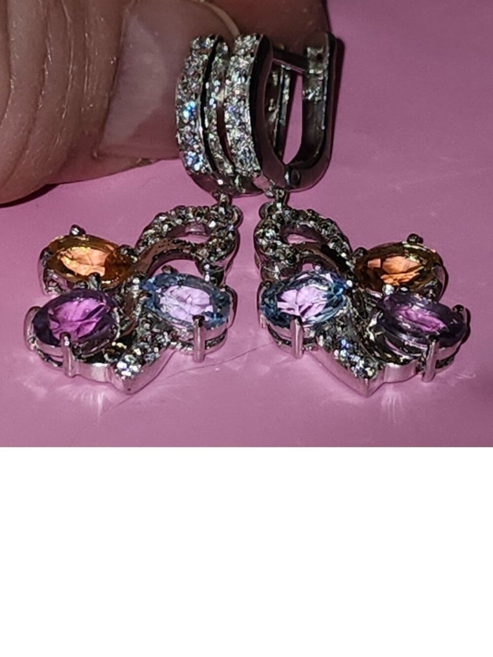 .925 Sterling Silver Amethyst, Citrine, Topaz & CZ Dangling Earrings. Value $685
